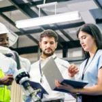 Plant managers reviewing industrial alarm management system on manufacturing floor