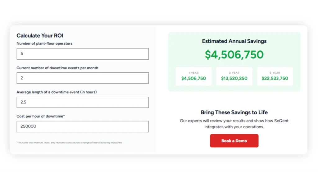 Manufacturing downtime cost ROI calculator by SeQent