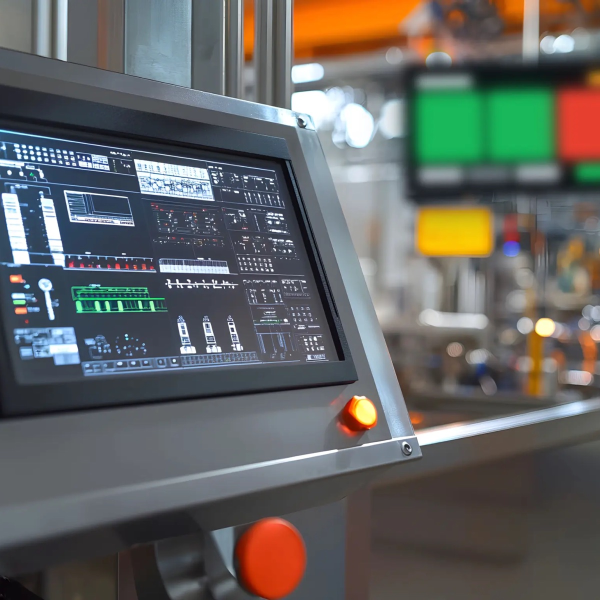 HMI screen and digital andon status board on a plant floor